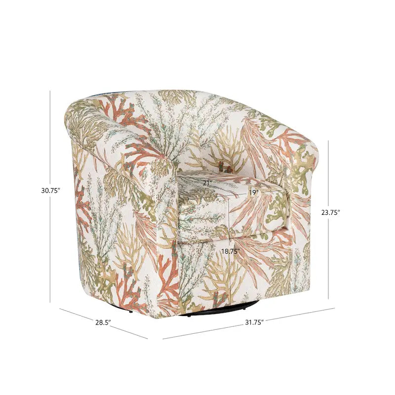 Coastal Swivel Accent Chair Barrel Back Coral Seashell Print Ocean Blue Green Navy