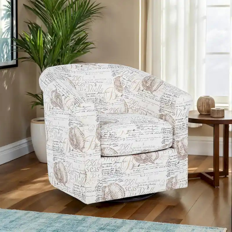 Coastal Swivel Accent Chair Barrel Back Coral Seashell Print Ocean Blue Green Navy