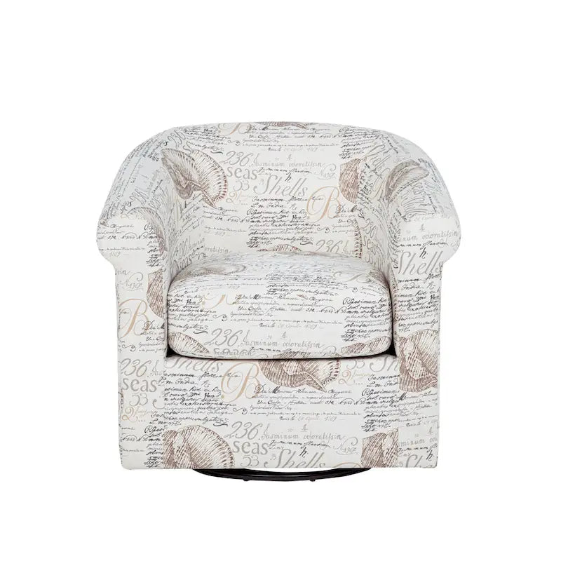 Coastal Swivel Accent Chair Barrel Back Coral Seashell Print Ocean Blue Green Navy