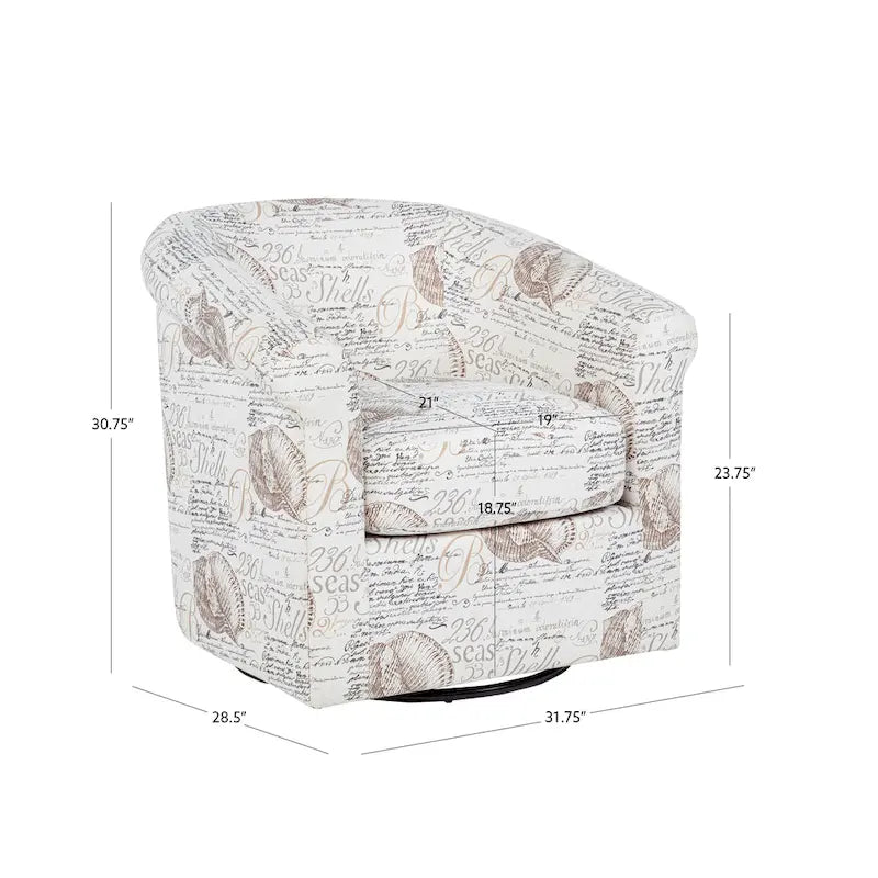 Coastal Swivel Accent Chair Barrel Back Coral Seashell Print Ocean Blue Green Navy