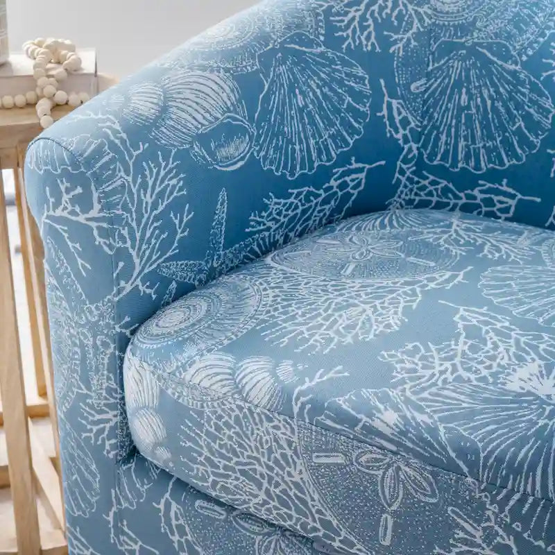 Coastal Swivel Accent Chair Barrel Back Coral Seashell Print Ocean Blue Green Navy