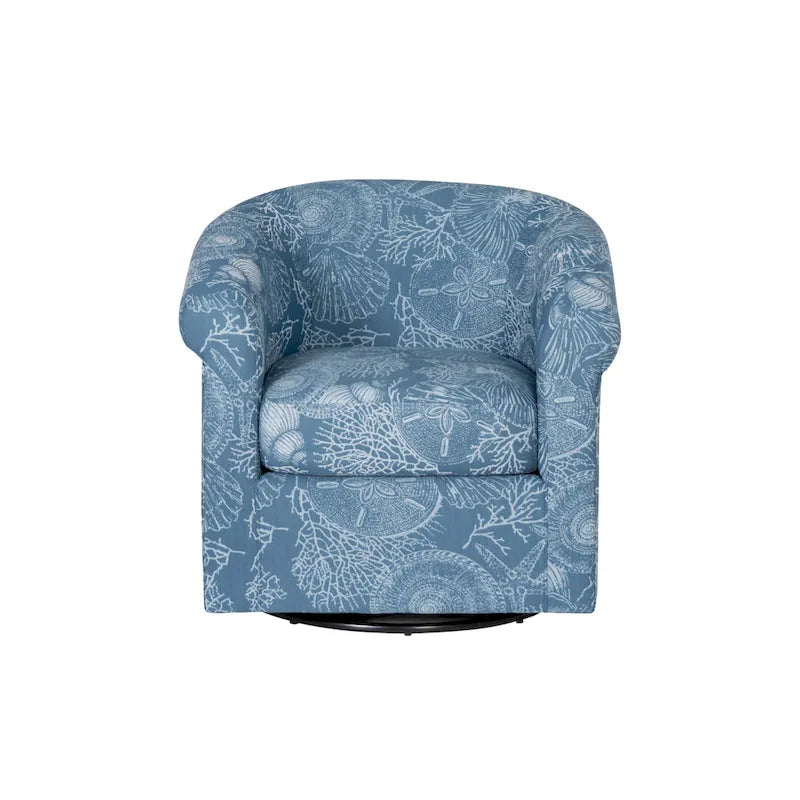 Coastal Swivel Accent Chair Barrel Back Coral Seashell Print Ocean Blue Green Navy