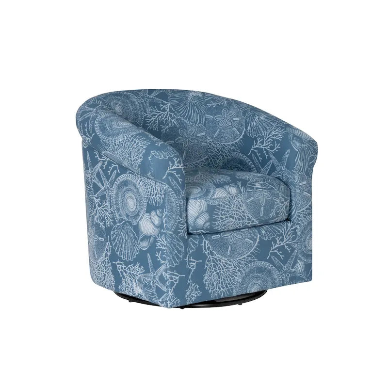 Coastal Swivel Accent Chair Barrel Back Coral Seashell Print Ocean Blue Green Navy