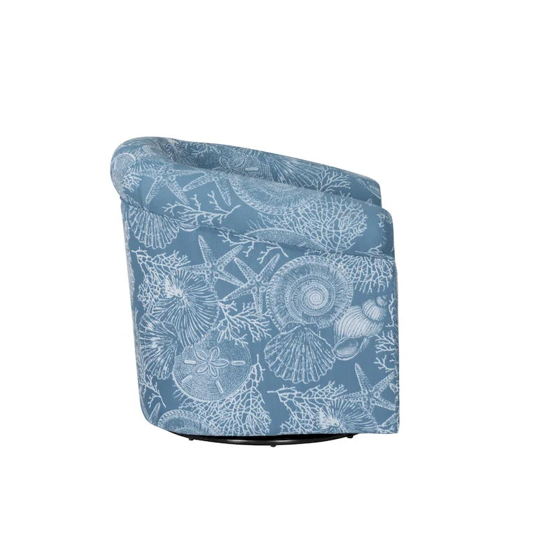 Coastal Swivel Accent Chair Barrel Back Coral Seashell Print Ocean Blue Green Navy