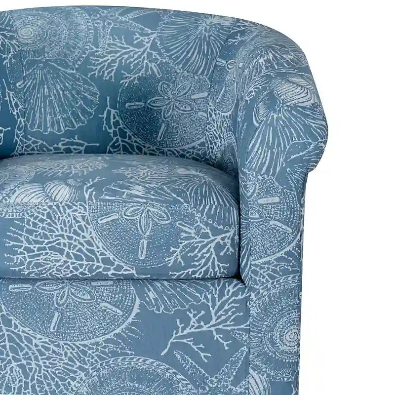 Coastal Swivel Accent Chair Barrel Back Coral Seashell Print Ocean Blue Green Navy