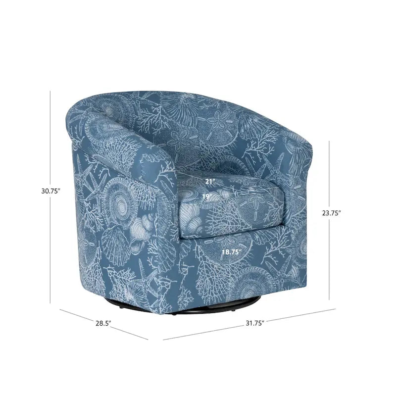 Coastal Swivel Accent Chair Barrel Back Coral Seashell Print Ocean Blue Green Navy