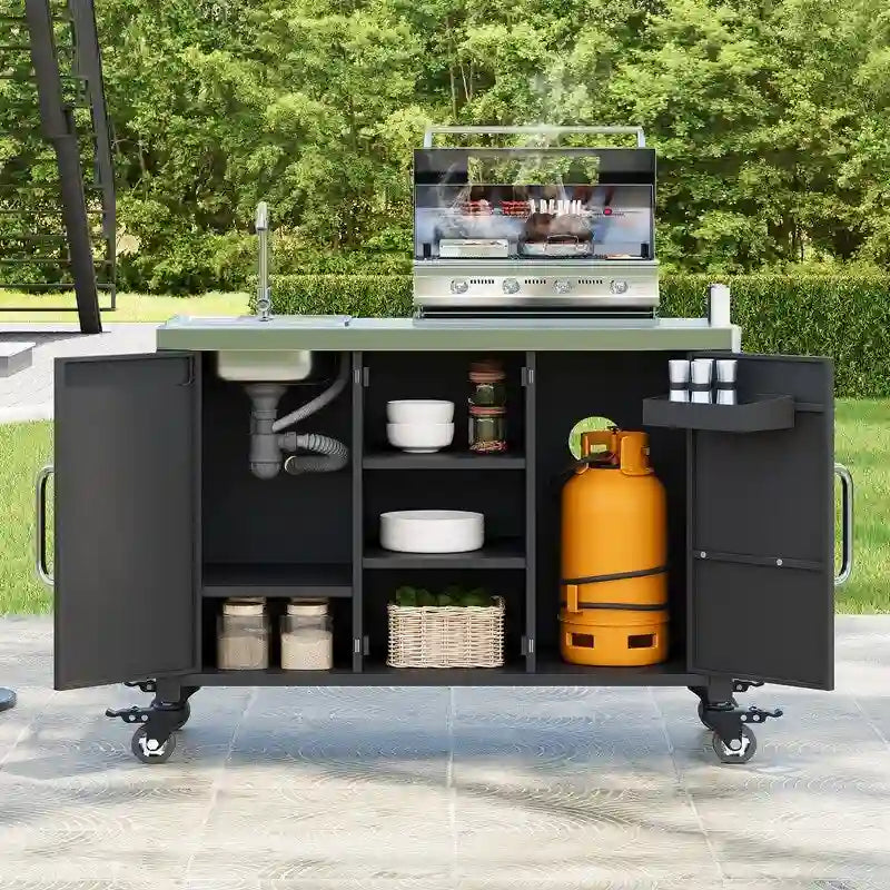 Outdoor Kitchen Island Cart 304 Stainless Steel Sink 4 Lockable Wheels Storage Black