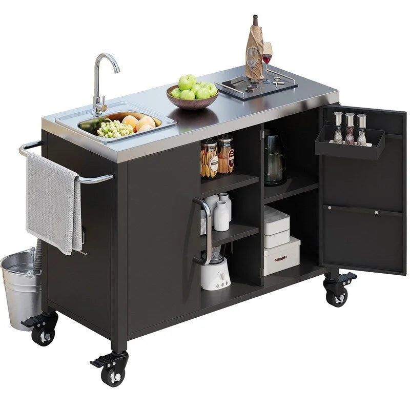 Outdoor Kitchen Island Cart 304 Stainless Steel Sink 4 Lockable Wheels Storage Black