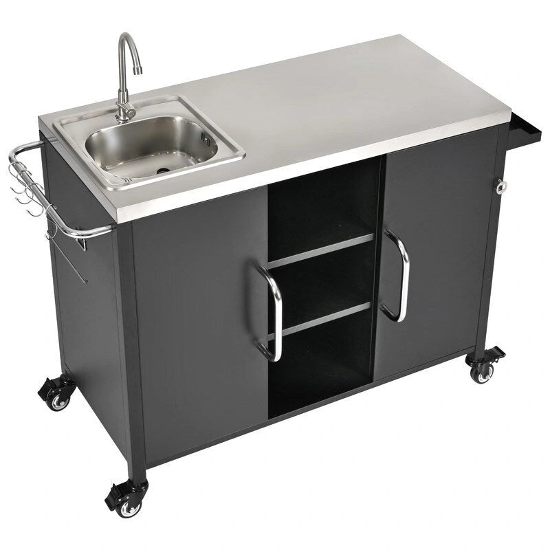 Outdoor Kitchen Island Cart 304 Stainless Steel Sink 4 Lockable Wheels Storage Black