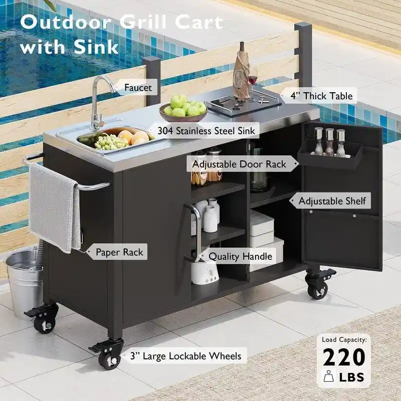 Outdoor Kitchen Island Cart 304 Stainless Steel Sink 4 Lockable Wheels Storage Black