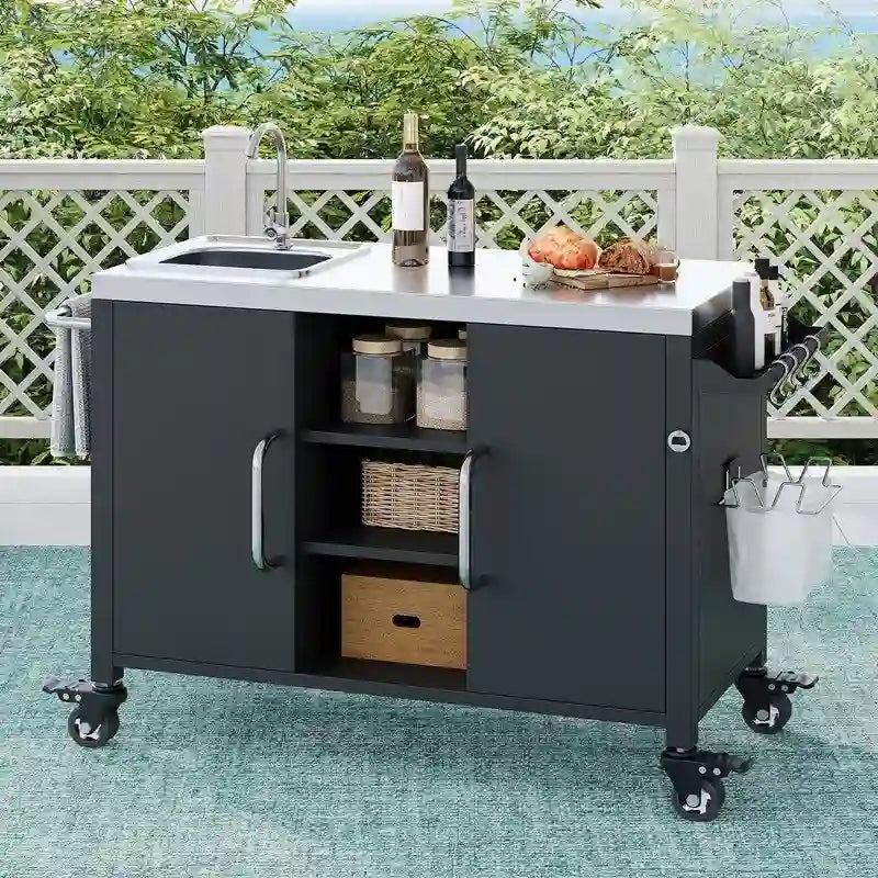 Outdoor Kitchen Island Cart 304 Stainless Steel Sink 4 Lockable Wheels Storage Black