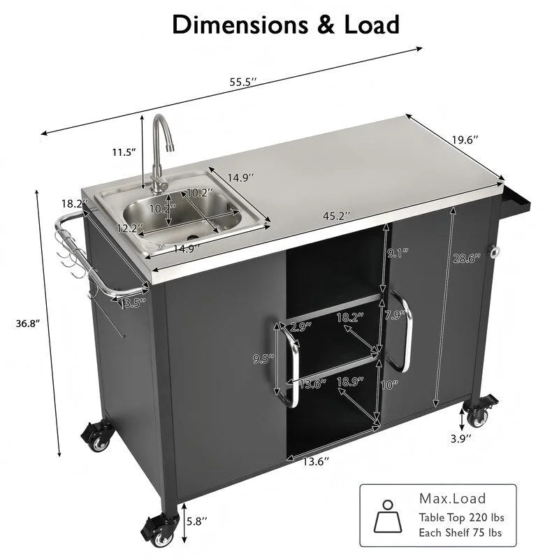 Outdoor Kitchen Island Cart 304 Stainless Steel Sink 4 Lockable Wheels Storage Black