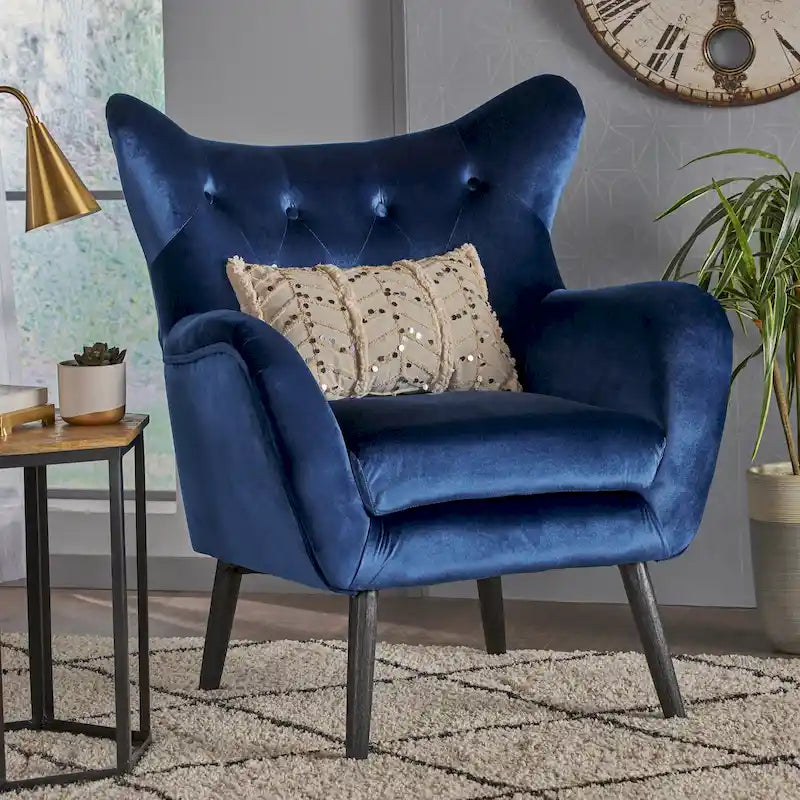 Mid-Century Modern Button Tufted Velvet Wingback Accent Chair Navy Blue Black Legs