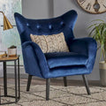 Mid-Century Modern Button Tufted Velvet Wingback Accent Chair Navy Blue Black Legs