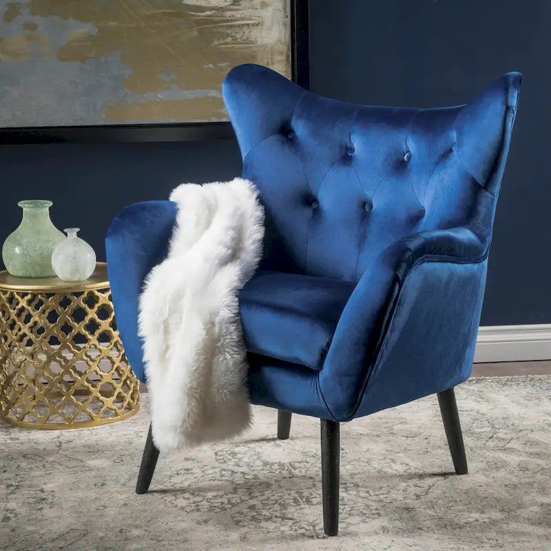 Mid-Century Modern Button Tufted Velvet Wingback Accent Chair Navy Blue Black Legs