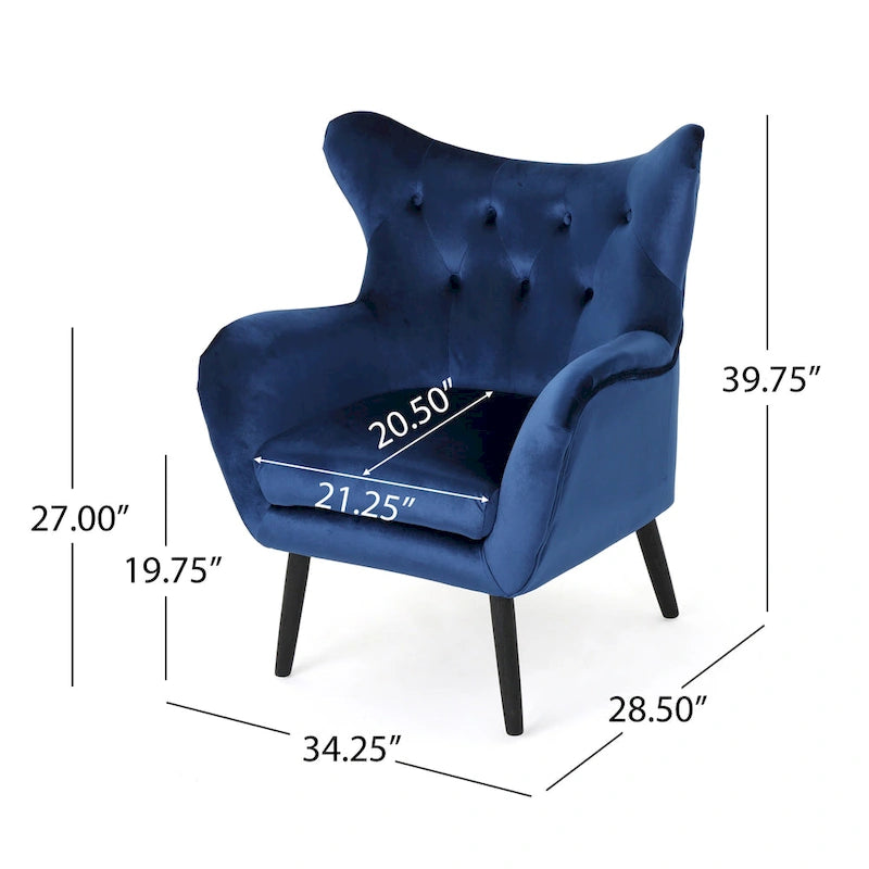Mid-Century Modern Button Tufted Velvet Wingback Accent Chair Navy Blue Black Legs