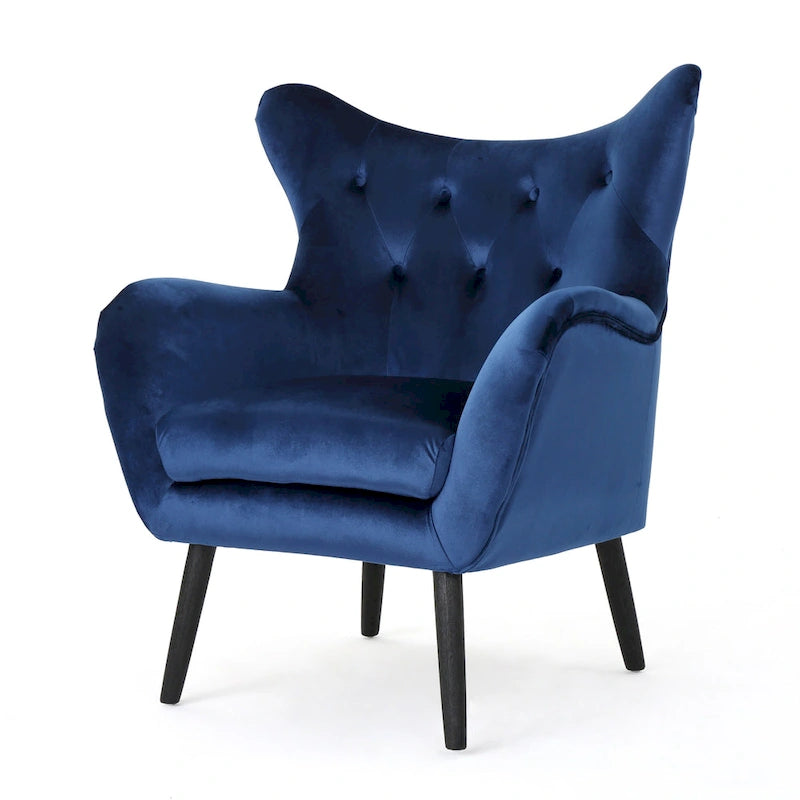 Mid-Century Modern Button Tufted Velvet Wingback Accent Chair Navy Blue Black Legs