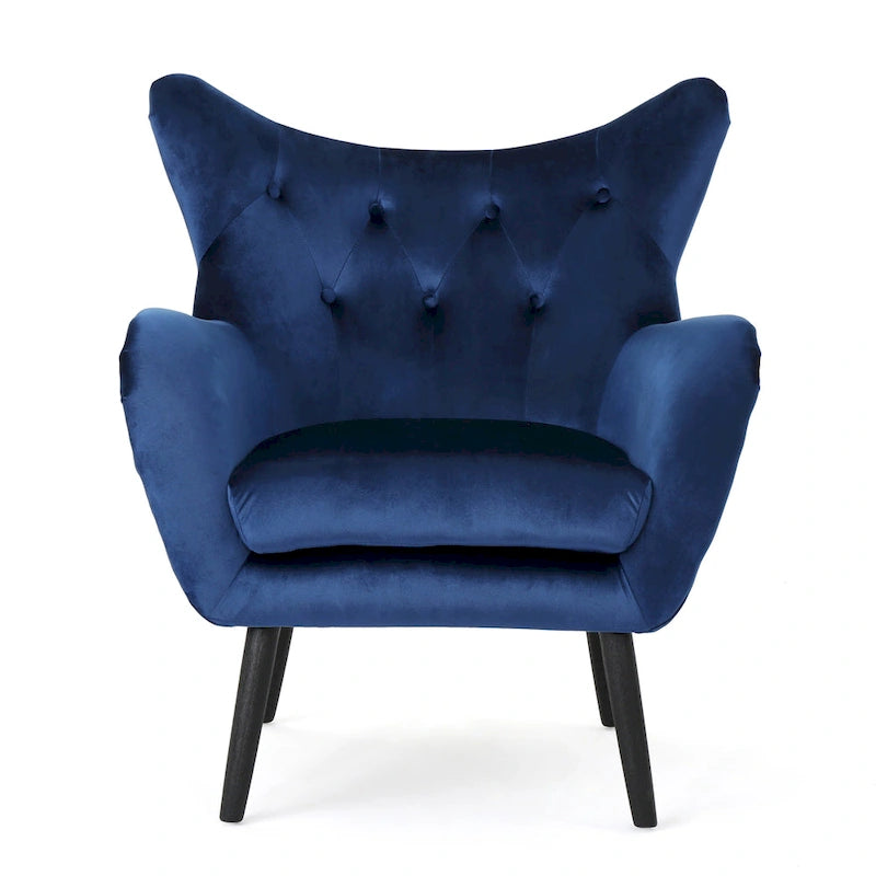 Mid-Century Modern Button Tufted Velvet Wingback Accent Chair Navy Blue Black Legs