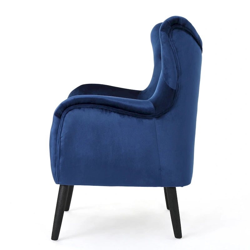 Mid-Century Modern Button Tufted Velvet Wingback Accent Chair Navy Blue Black Legs