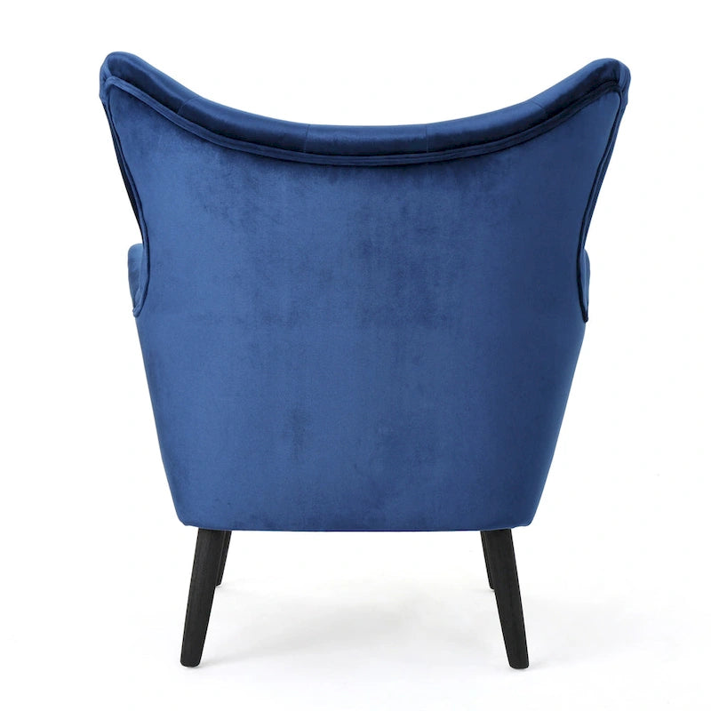 Mid-Century Modern Button Tufted Velvet Wingback Accent Chair Navy Blue Black Legs