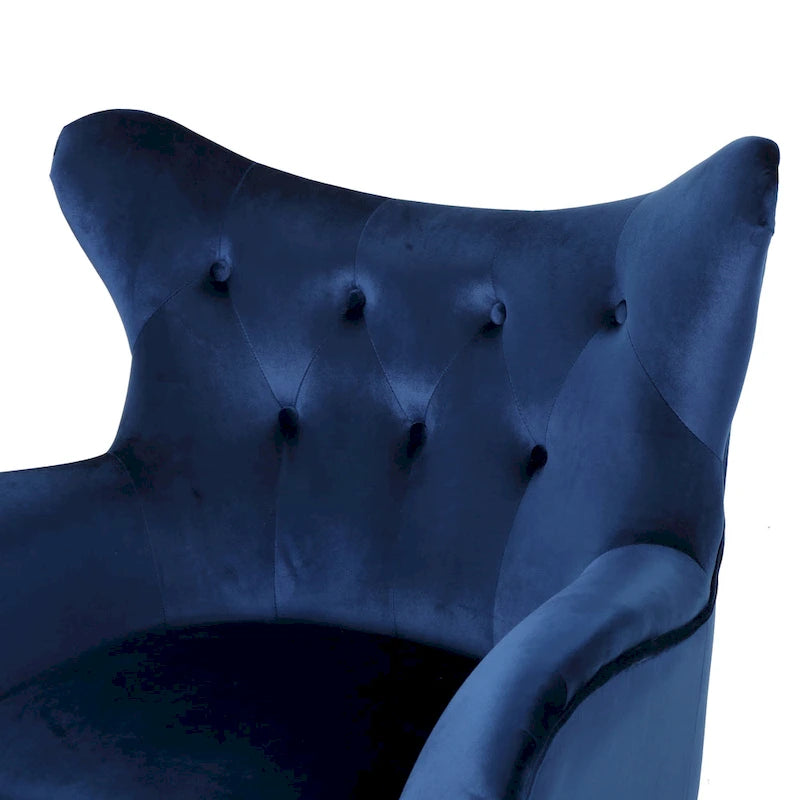 Mid-Century Modern Button Tufted Velvet Wingback Accent Chair Navy Blue Black Legs