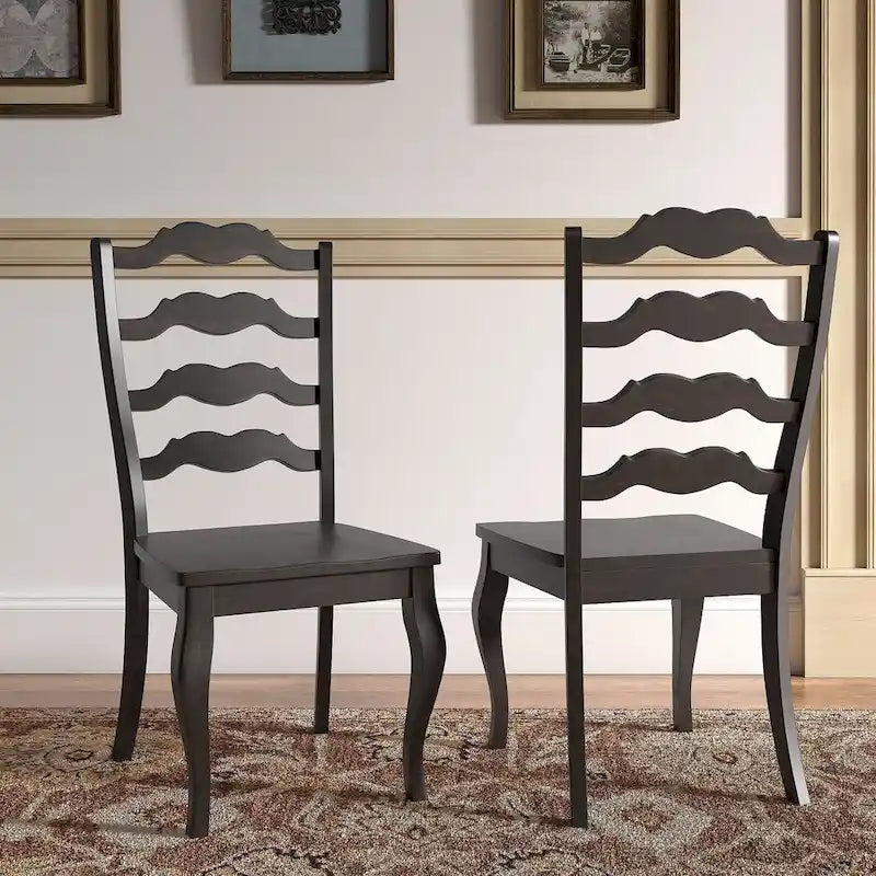 French Ladder Back Wood Dining Chair Wave Slat Curved Legs Set of 2 Oak Antique Black White
