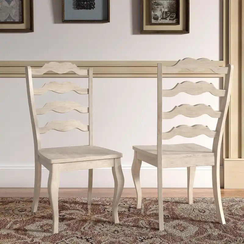 French Ladder Back Wood Dining Chair Wave Slat Curved Legs Set of 2 Oak Antique Black White
