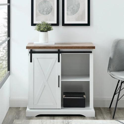32 Inch Sliding Barn Door Cabinet X-Detail 2 Adjustable Shelves Grey Wash Rustic Oak White