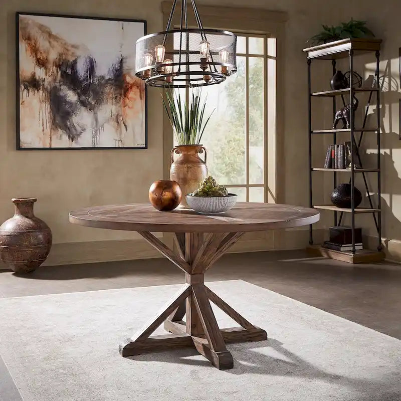 Rustic Round Pine Wood Dining Table X Base Distressed Farmhouse 48 54 60 72 Inch