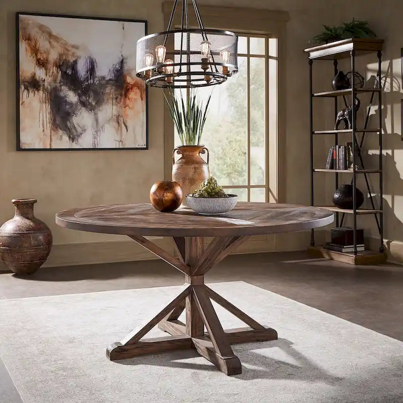 Rustic Round Pine Wood Dining Table X Base Distressed Farmhouse 48 54 60 72 Inch