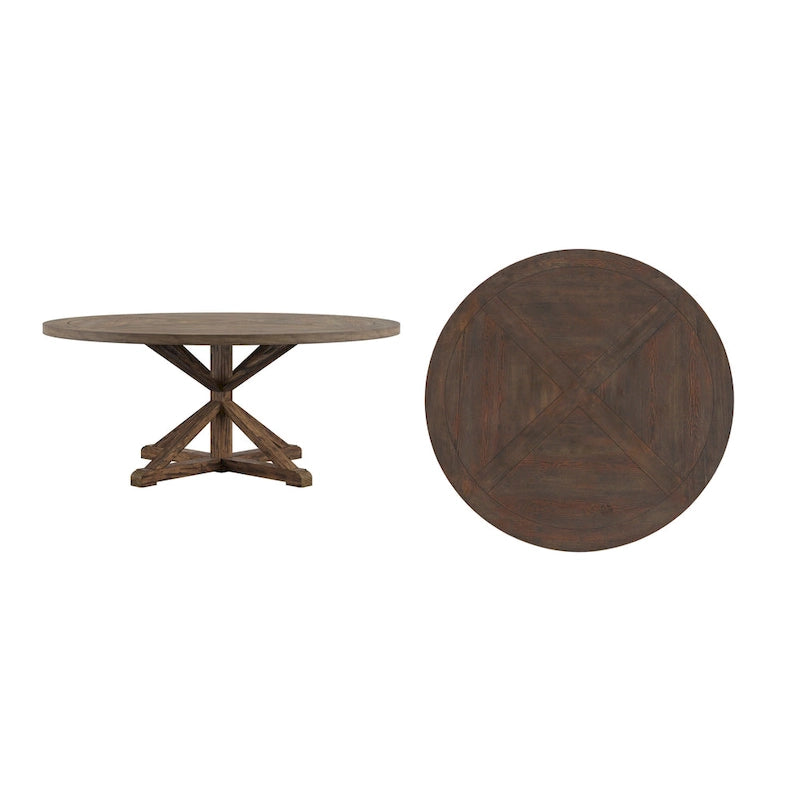 Rustic Round Pine Wood Dining Table X Base Distressed Farmhouse 48 54 60 72 Inch