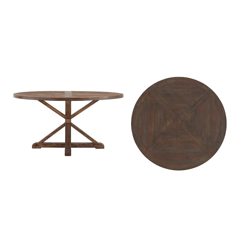 Rustic Round Pine Wood Dining Table X Base Distressed Farmhouse 48 54 60 72 Inch