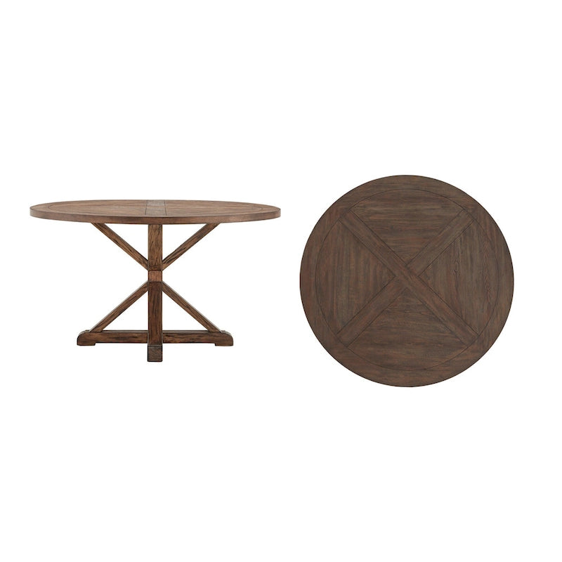 Rustic Round Pine Wood Dining Table X Base Distressed Farmhouse 48 54 60 72 Inch