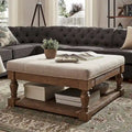 38 Inch Square Storage Ottoman Coffee Table Baluster Legs 2 Drawers Linen Faux Leather