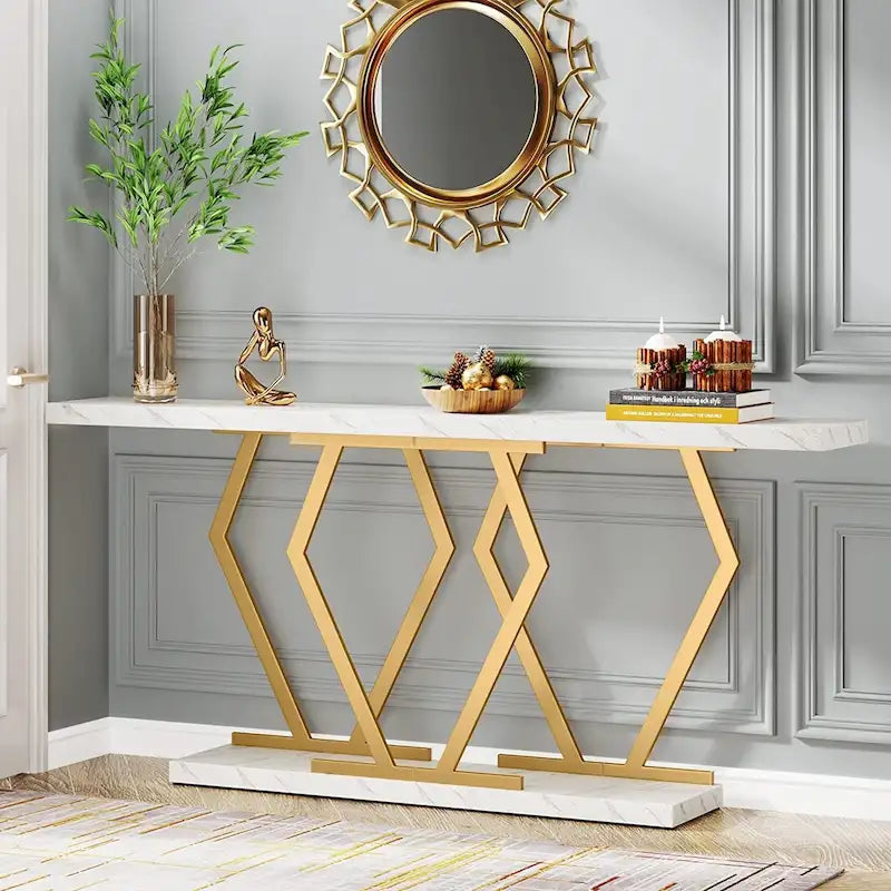 70.9 Inch Console Table Faux Marble Top Geometric Gold Metal Frame White Black Grey Brown