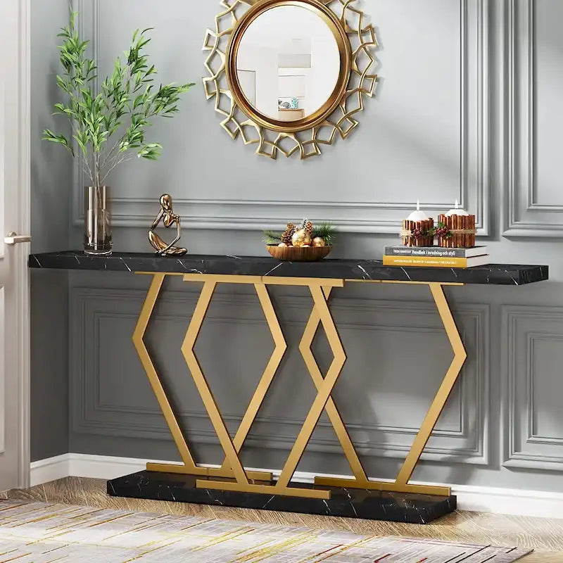 70.9 Inch Console Table Faux Marble Top Geometric Gold Metal Frame White Black Grey Brown