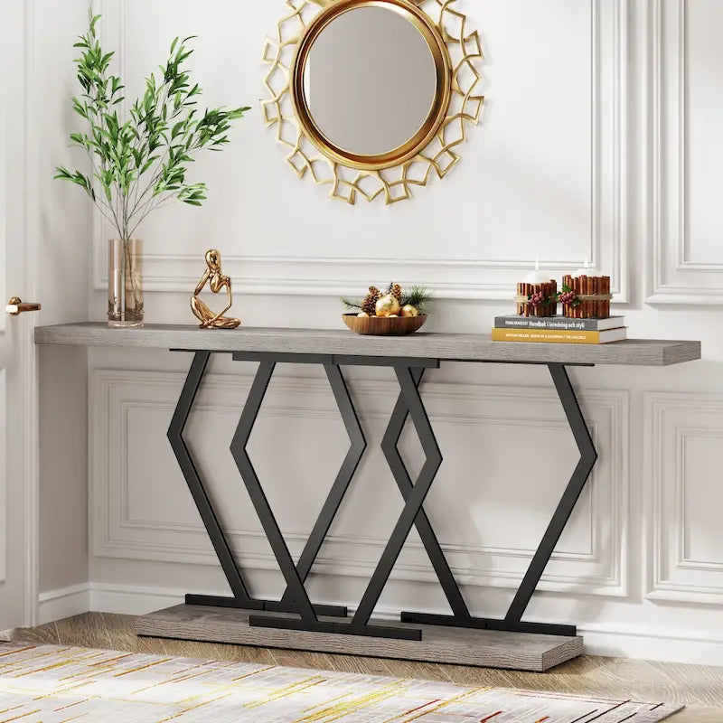 70.9 Inch Console Table Faux Marble Top Geometric Gold Metal Frame White Black Grey Brown