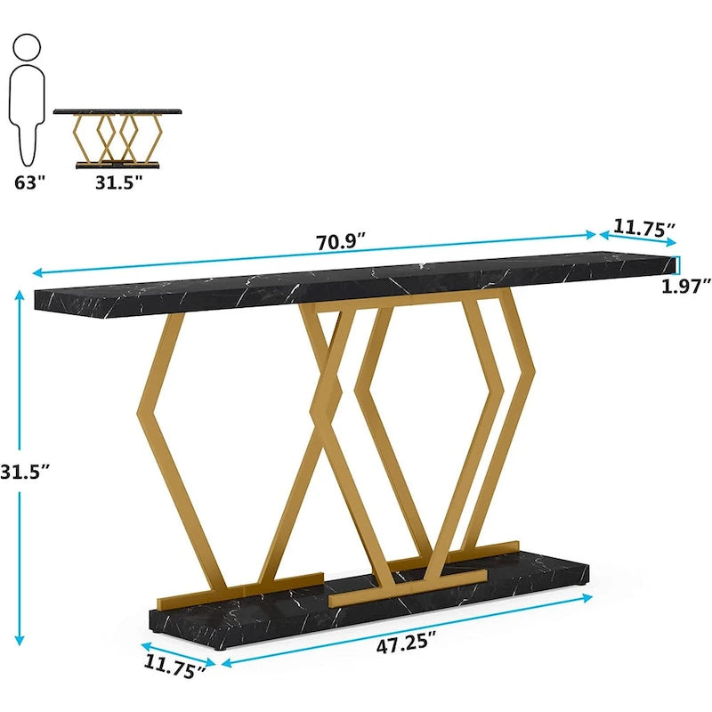 70.9 Inch Console Table Faux Marble Top Geometric Gold Metal Frame White Black Grey Brown