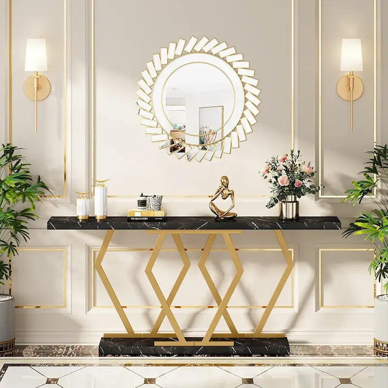 70.9 Inch Console Table Faux Marble Top Geometric Gold Metal Frame White Black Grey Brown