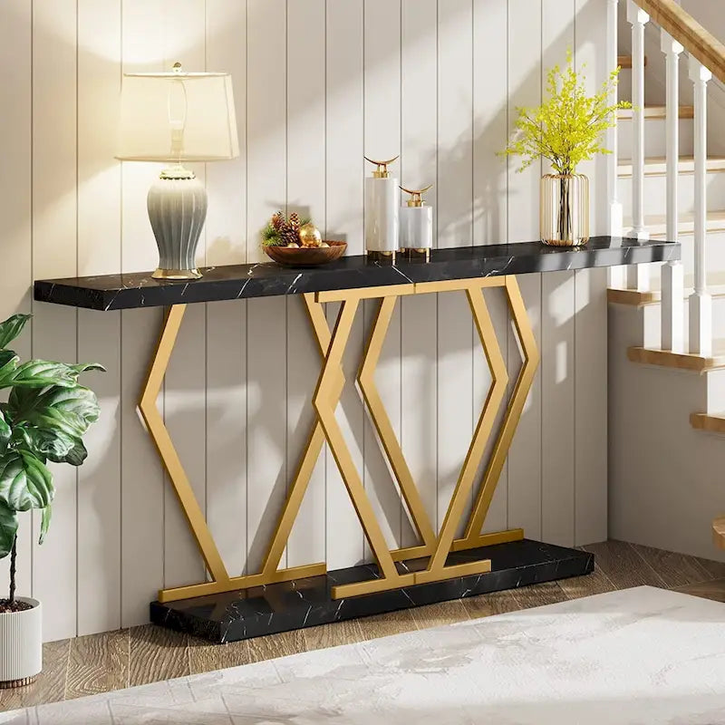 70.9 Inch Console Table Faux Marble Top Geometric Gold Metal Frame White Black Grey Brown