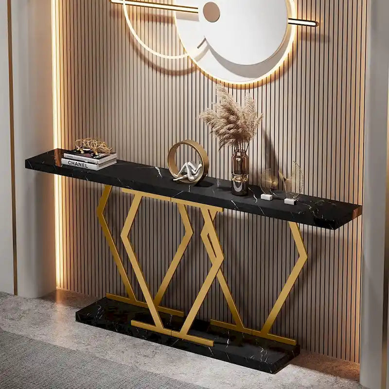 70.9 Inch Console Table Faux Marble Top Geometric Gold Metal Frame White Black Grey Brown