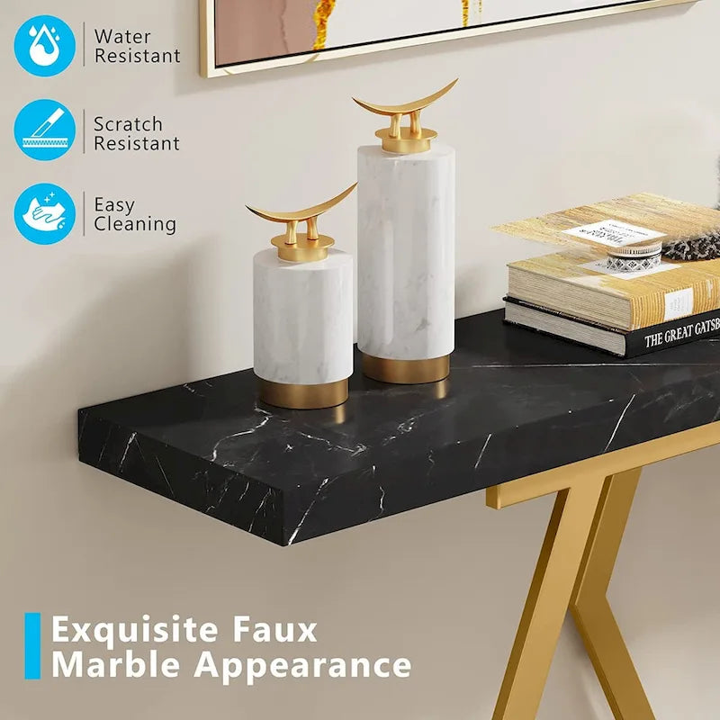 70.9 Inch Console Table Faux Marble Top Geometric Gold Metal Frame White Black Grey Brown