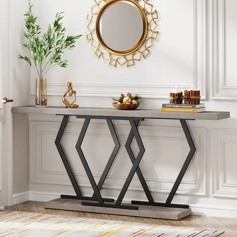 70.9 Inch Console Table Faux Marble Top Geometric Gold Metal Frame White Black Grey Brown