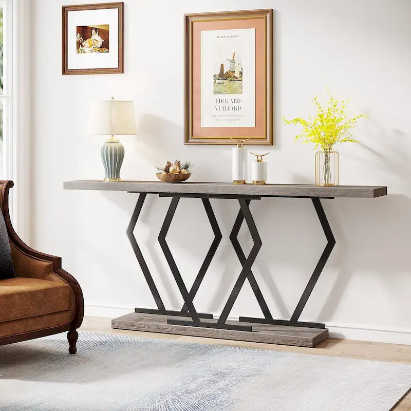 70.9 Inch Console Table Faux Marble Top Geometric Gold Metal Frame White Black Grey Brown