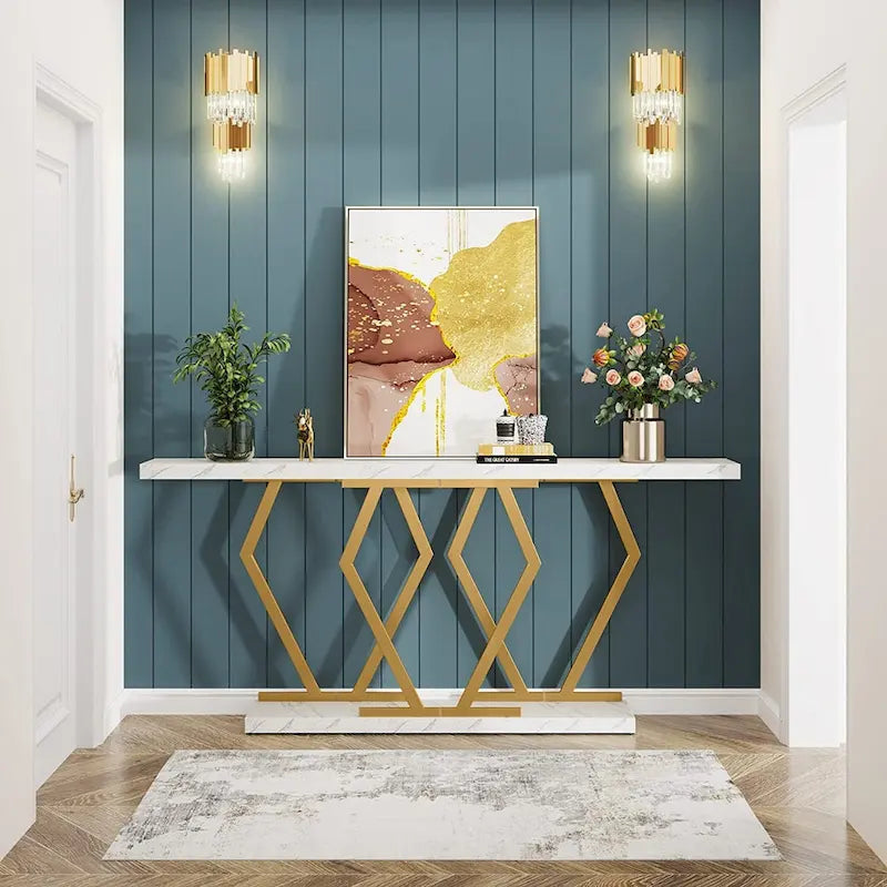 70.9 Inch Console Table Faux Marble Top Geometric Gold Metal Frame White Black Grey Brown