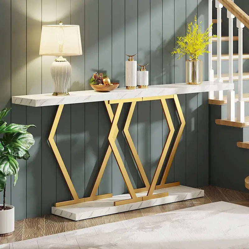 70.9 Inch Console Table Faux Marble Top Geometric Gold Metal Frame White Black Grey Brown