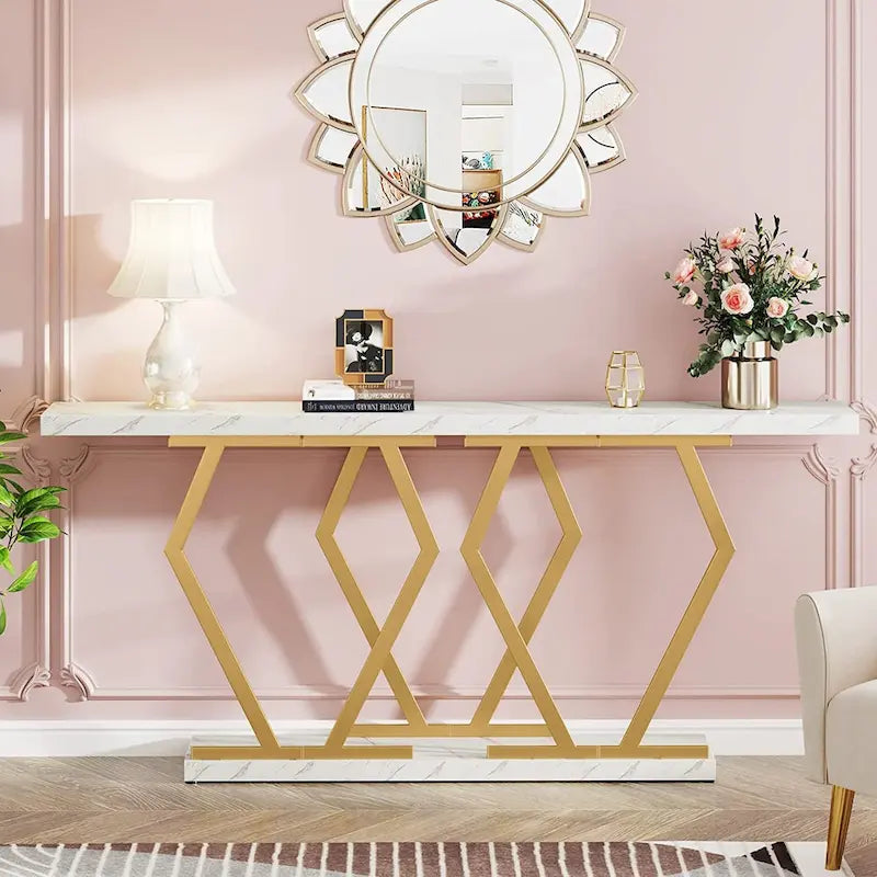 70.9 Inch Console Table Faux Marble Top Geometric Gold Metal Frame White Black Grey Brown