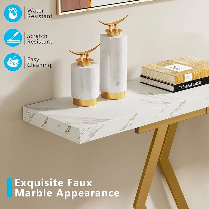 70.9 Inch Console Table Faux Marble Top Geometric Gold Metal Frame White Black Grey Brown