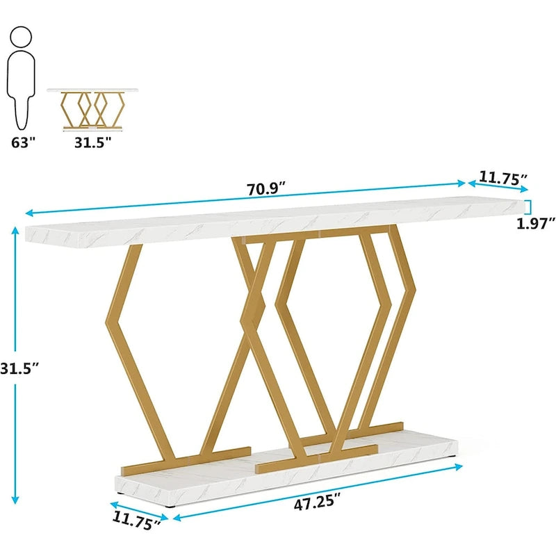 70.9 Inch Console Table Faux Marble Top Geometric Gold Metal Frame White Black Grey Brown