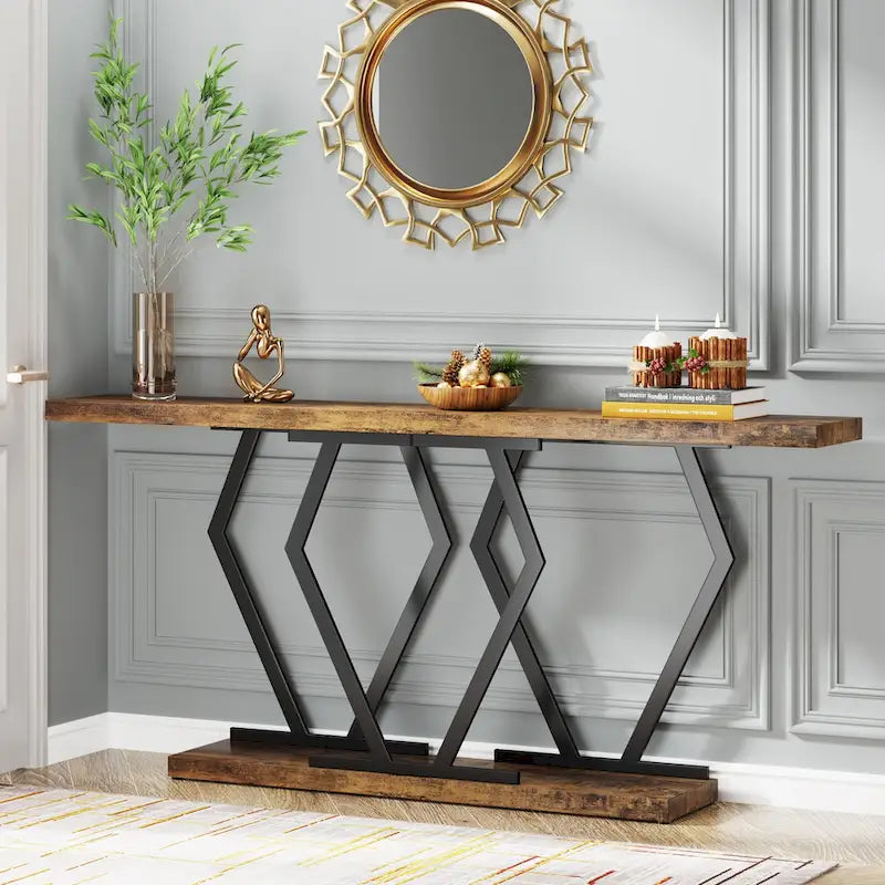 70.9 Inch Console Table Faux Marble Top Geometric Gold Metal Frame White Black Grey Brown